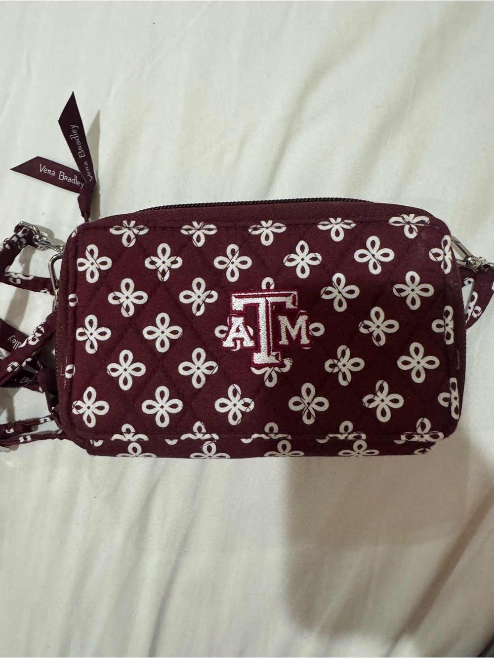 Vera Bradley Quilted Maroon Crossbody with White Floral Motif and A&M Logo
